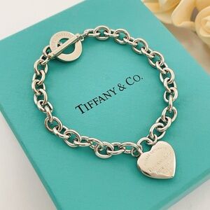 Tiffany & Co. Sterling Heart Tag Chain Bracelet - Silver on Blue